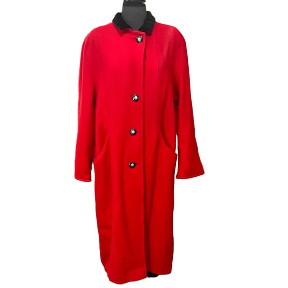 Vtg Wool Cherry Red Regency Velvet Collar Old Money Luxury Timeless Midi Coat L - Picture 4 of 8